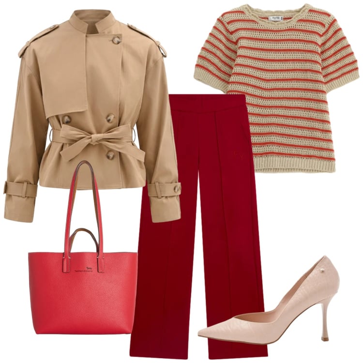 Outfit donna - Osa il rosso. Stile Bon Ton per Ufficio. Abbinamento con shopping bag, t-shirt, caban, décolleté, pantaloni.