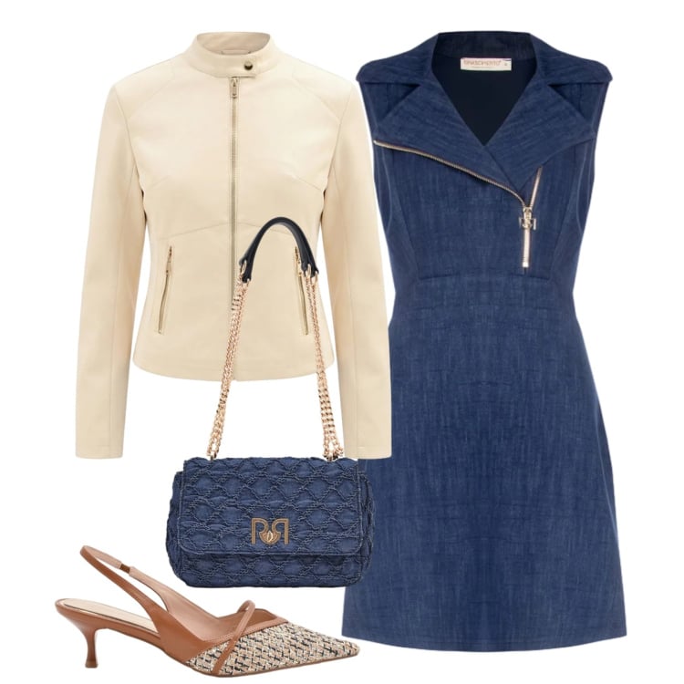 Outfit donna - Denim elegante. Stile Chic per Tutti i giorni. Abbinamento con vestiti asimmetrici, giacche, décolleté, borse a spalla.