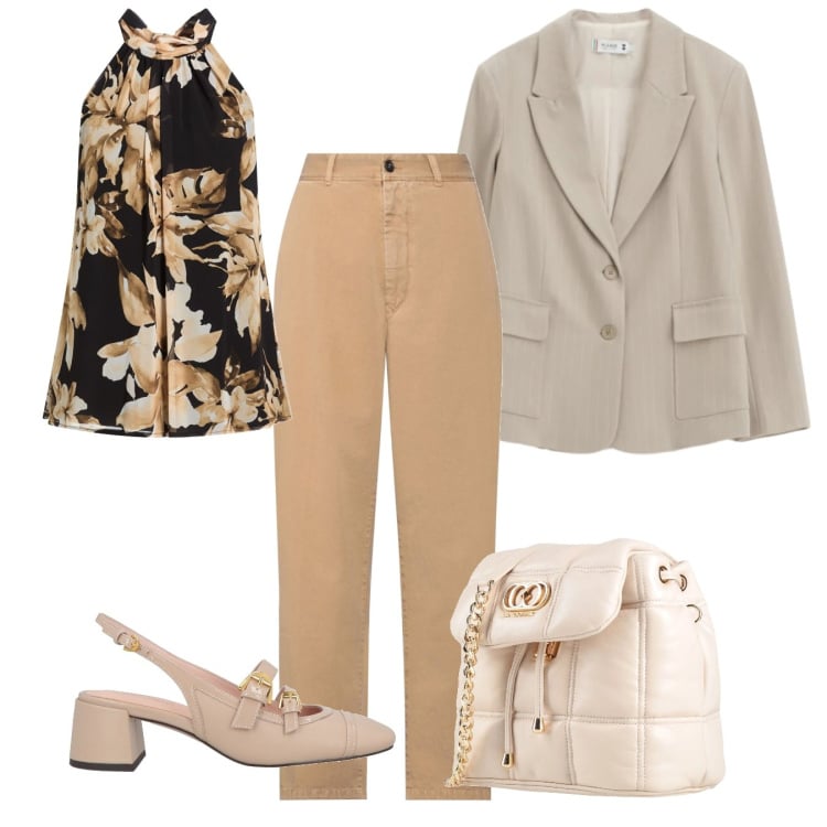 Outfit donna - Appuntamento. Stile Chic per Tutti i giorni. Abbinamento con valigie, top, décolleté, pantaloni, blazer.