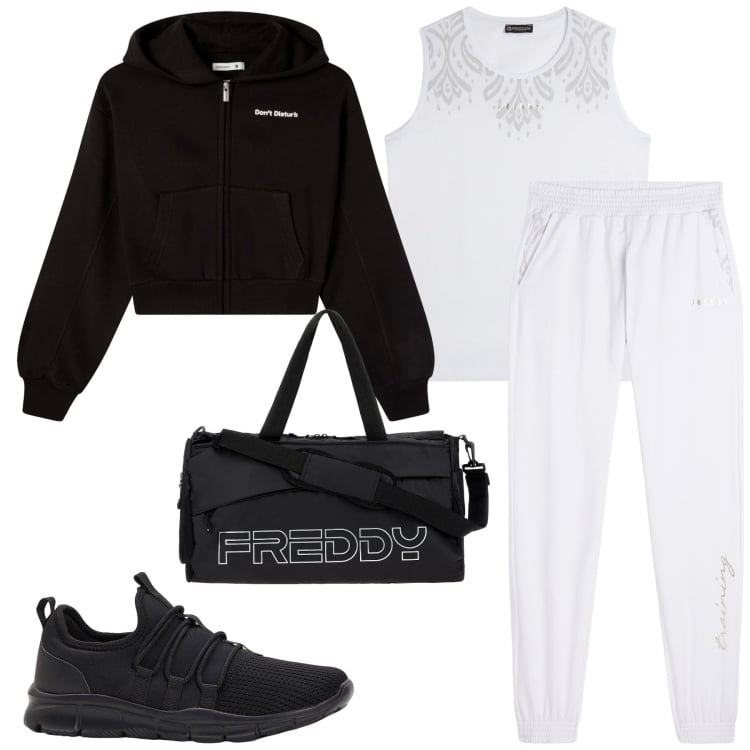Outfit donna - Sporty chic minimal. Stile Minimal per Sport. Abbinamento con sneakers, felpe con cappuccio, t-shirt sportive, borse sportive, top sportivi, pantaloni.