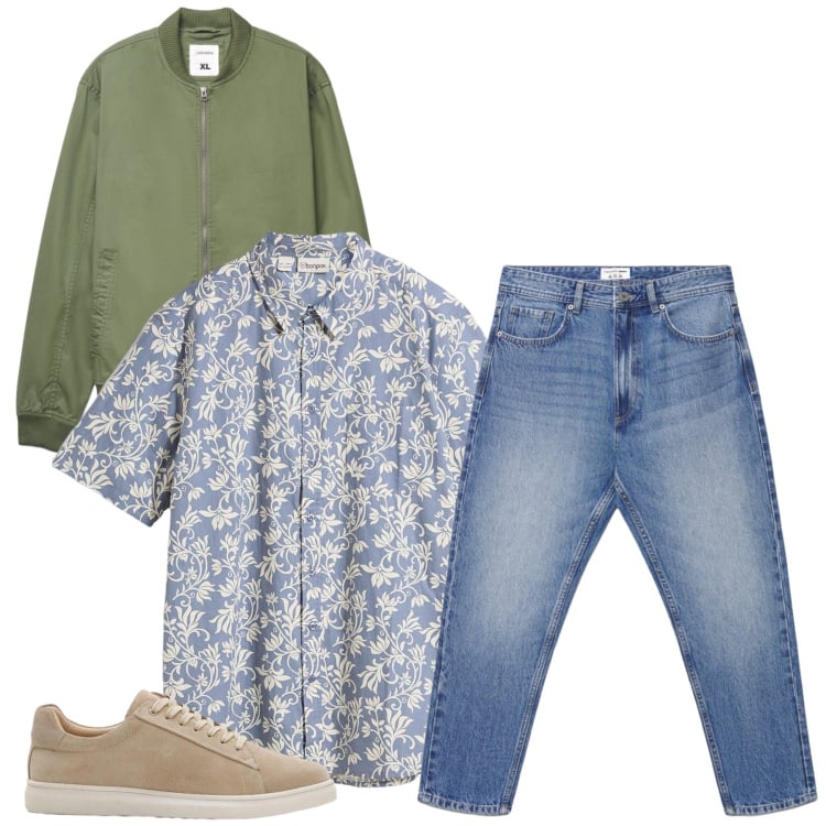 Outfit uomo - Un Mix di Texture e Colori Naturali. Stile Casual per Tutti i giorni. Abbinamento con sneakers, camicie a manica corta, bomber, jeans.