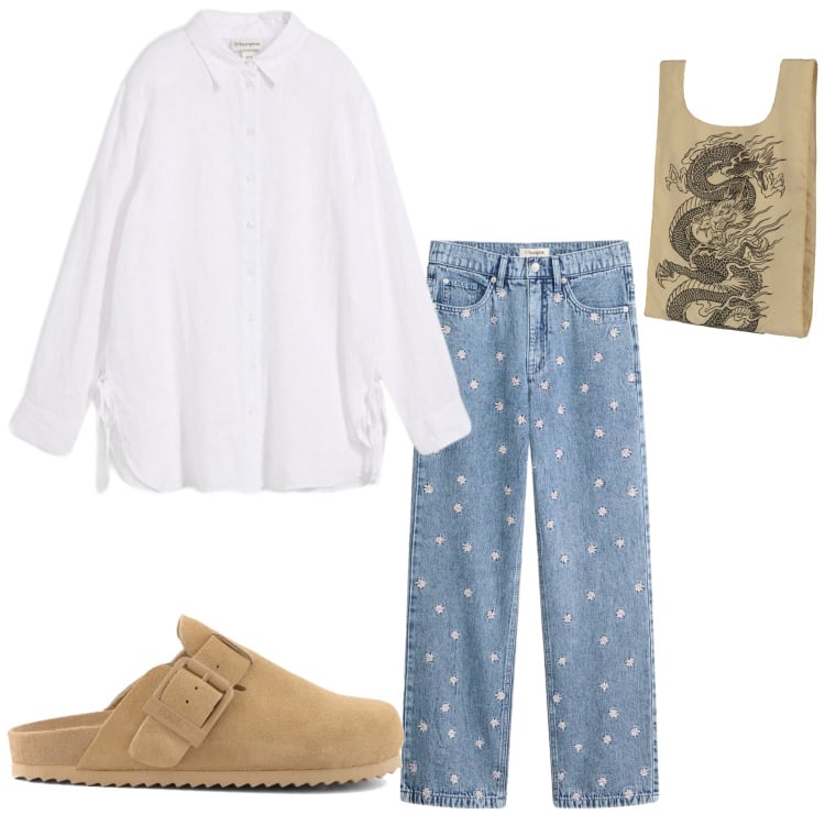 Outfit donna - Casual style. Stile Casual per Tutti i giorni. Abbinamento con jeans dritti, camicie, shopping bag, sabot.