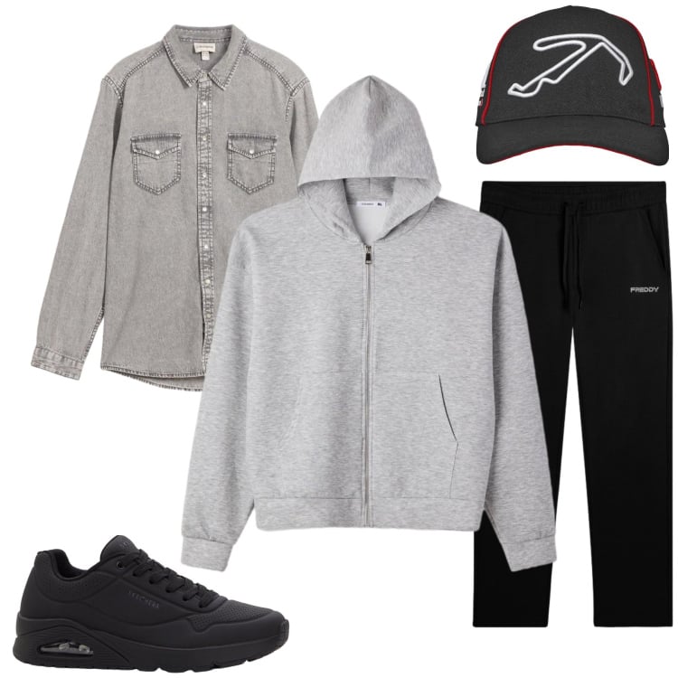Outfit uomo - Urban Grey. Stile Casual per Tutti i giorni. Abbinamento con sneakers, camicie, pantaloni sportivi, cappelli con visiera, felpe con cappuccio.