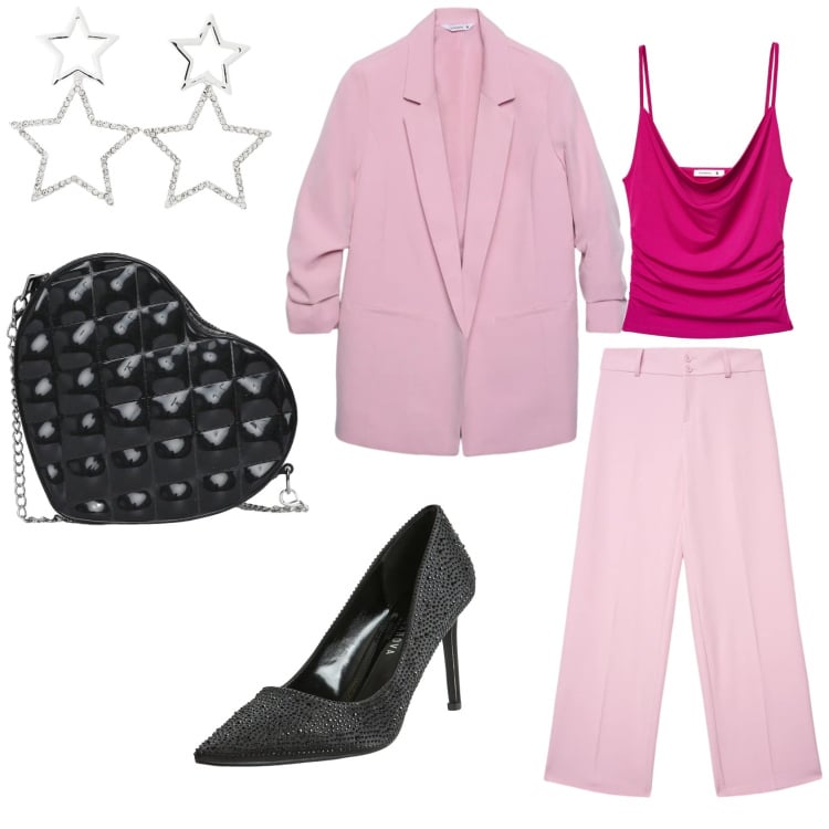 Outfit donna - Evento glamour curvy. Stile Bon Ton per Cerimonia. Abbinamento con canottiere, orecchini, blazer, pantaloni, borse a tracolla, décolleté.