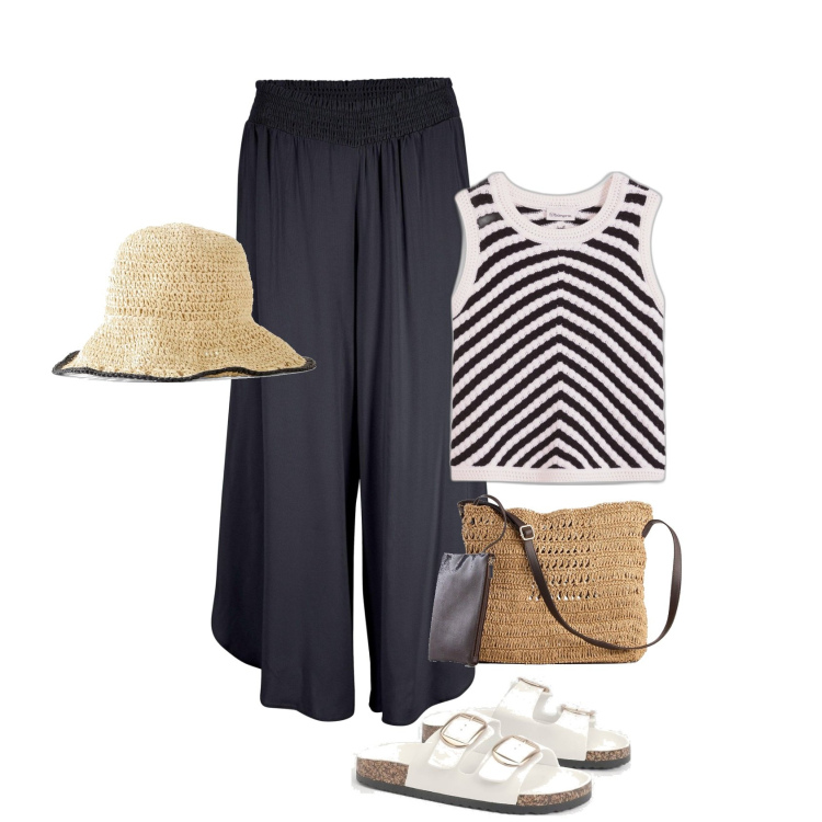 Outfit femme - Été. Style Boho pour Tous les jours. Assortir avec jupe-culotte, chapeaux, tuniques, sacs en bandoulière, sandales.