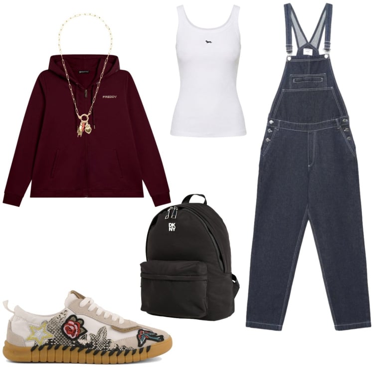Outfit donna - Passeggiata con le amiche. Stile Casual per Tutti i giorni. Abbinamento con zaini, canottiere, salopette, ciondoli, felpe con cappuccio, sneakers.
