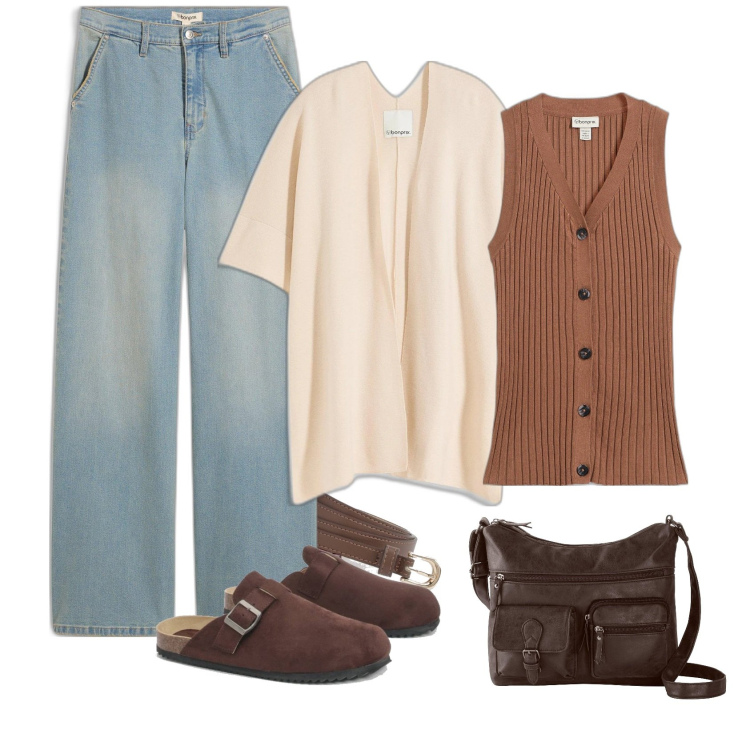 Outfit femme - Denim & sabots. Style Casual pour Tous les jours. Assortir avec capes, pulls, jean coupe droite, sacs en bandoulière, sabots, ceintures.