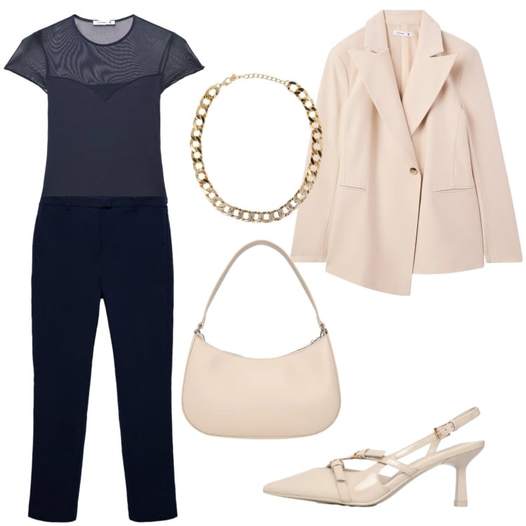 Outfit donna - Giacca beige e pantaloni blu. Stile Casual chic per Serata fuori. Abbinamento con pantaloni skinny, top, collane, blazer, décolleté, borse a tracolla.