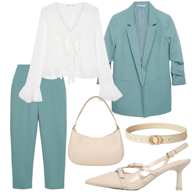 Outfit donna - Tailleur verde acqua. Stile Bon Ton per Ufficio. Abbinamento con bluse, pantaloni chino, cinture, décolleté, blazer, borse a tracolla.