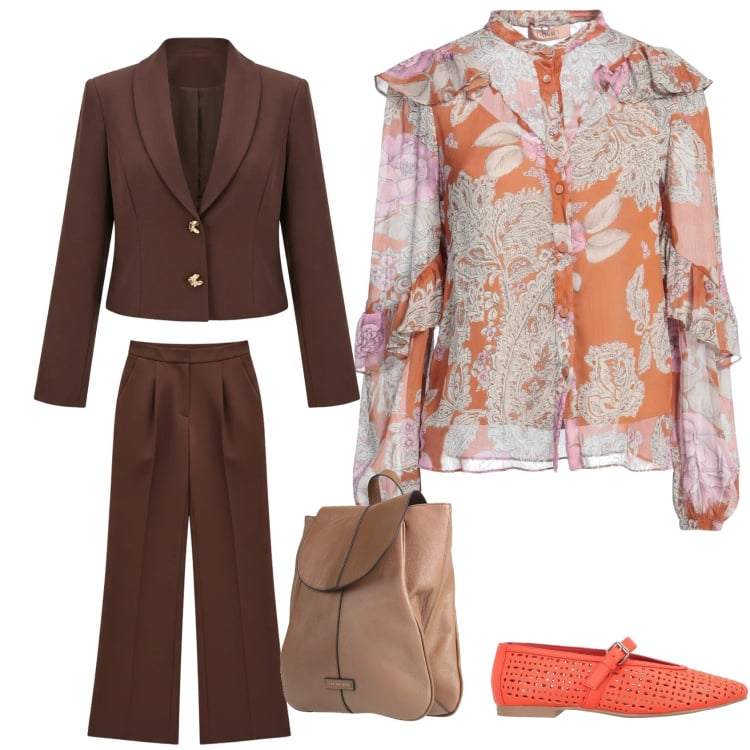 Outfit donna - Minimal chic. Stile Bon Ton per Ufficio. Abbinamento con camicie, zaini, ballerine, blazer, pantaloni a palazzo.
