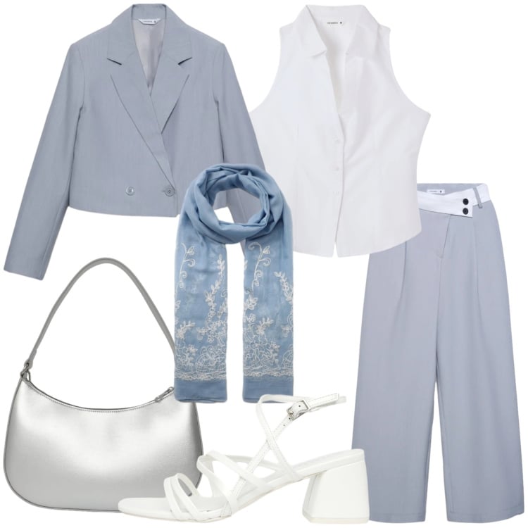 Outfit donna - Terranova Glam Events. Stile Chic per Cerimonia. Abbinamento con blazer, pantaloni, top, sciarpe, borse a tracolla, sandali col tacco.