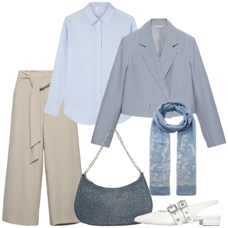 Outfit donna - Elegante tutto il giorno. Stile Casual chic per Ufficio. Abbinamento con camicie, blazer, ballerine, sciarpe, borse a tracolla, pantaloni a palazzo.