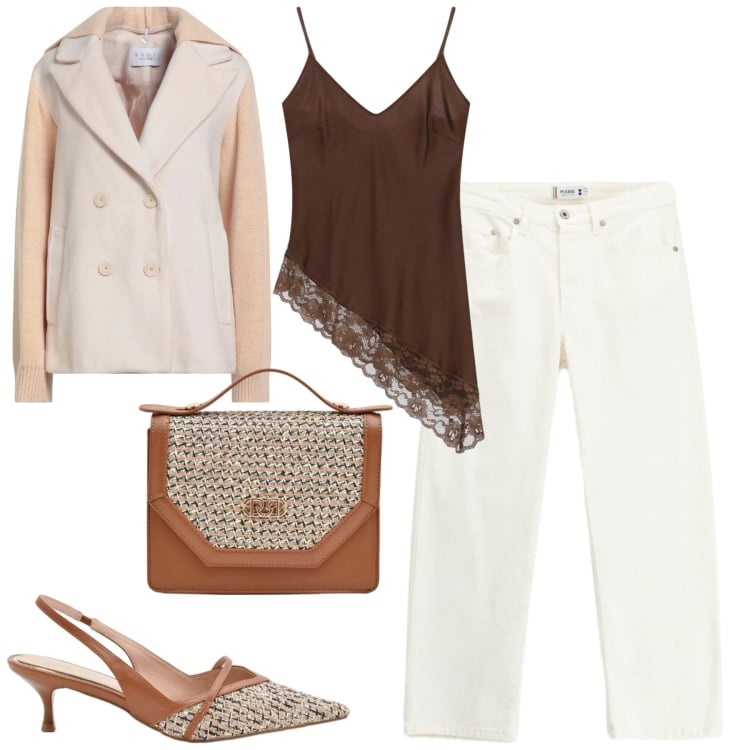 Outfit donna - City. Stile Trendy per Tutti i giorni. Abbinamento con caban, pantaloni, top, pochette, décolleté.