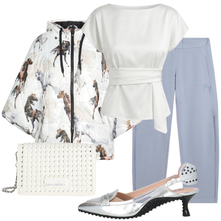 Outfit donna - Cappa in primavera. Stile Casual chic per Ufficio. Abbinamento con décolleté, cappe, borse a tracolla, bluse, pantaloni.