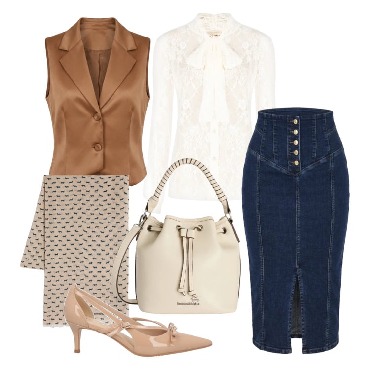 Outfit donna - Marzo. Stile Casual chic per Tutti i giorni. Abbinamento con décolleté, borse a secchiello, sciarpe, gonne longuette, camicie, gilet.
