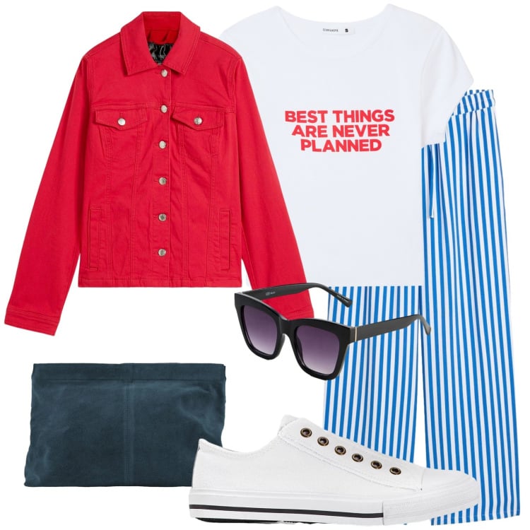 Outfit donna - Pantaloni a righe. Stile Casual per Scuola/Università. Abbinamento con blazer, sneakers, pantaloni, occhiali da sole, t-shirt, pochette.