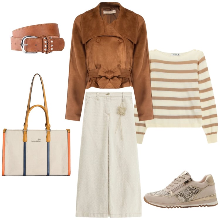 Outfit donna - Total look #2369788. Stile Glamour per Tutti i giorni. Abbinamento con sneakers, cinture, borse tote, maglieria, pantaloni a palazzo, giacche.