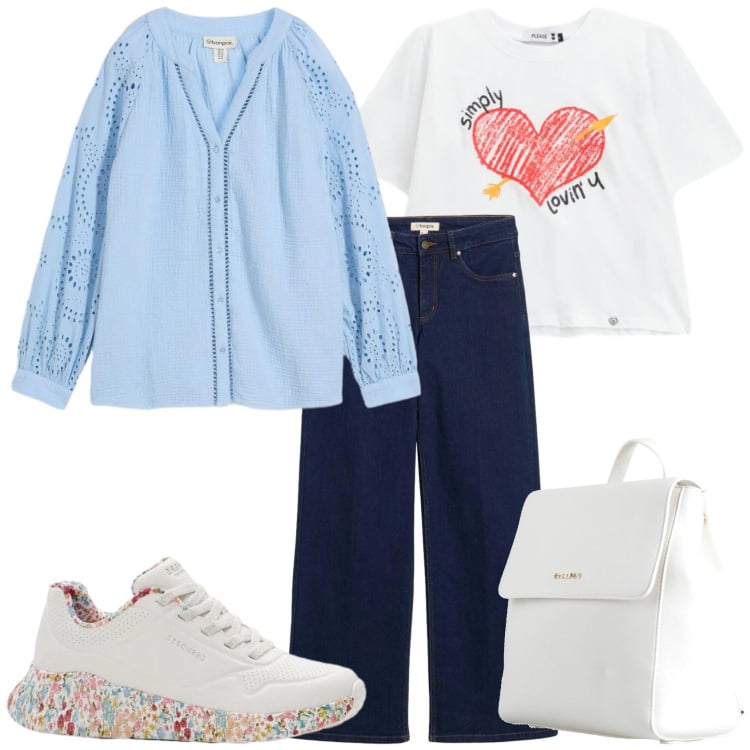 Outfit donna - In città per spese. Stile Casual per Tutti i giorni. Abbinamento con zaini, bluse, jeans dritti, sneakers, t-shirt.