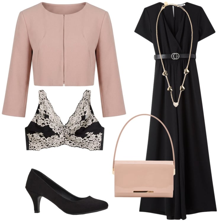 Outfit donna - Total look #2369797. Stile Chic per Cerimonia. Abbinamento con décolleté, reggiseni, vestiti lunghi, bolero, pochette, collane.