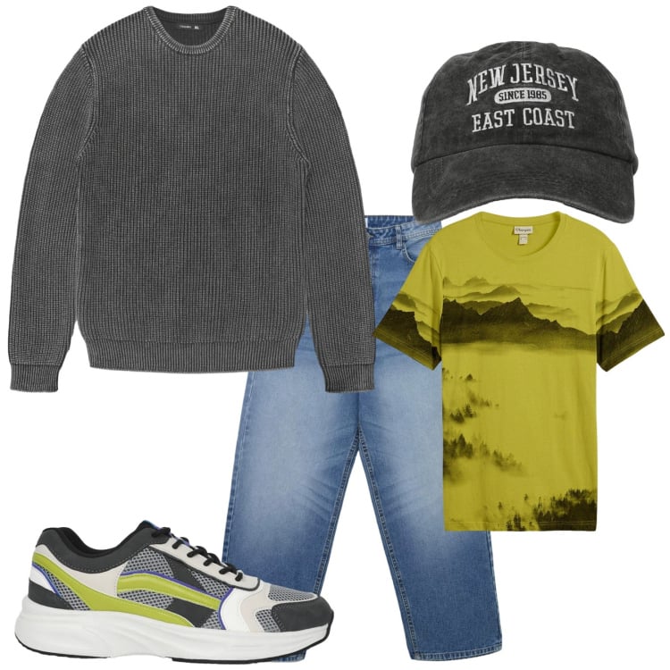 Outfit uomo - Total look #2369803. Stile Casual per Tutti i giorni. Abbinamento con t-shirt, cappelli con visiera, jeans, maglieria, sneakers.