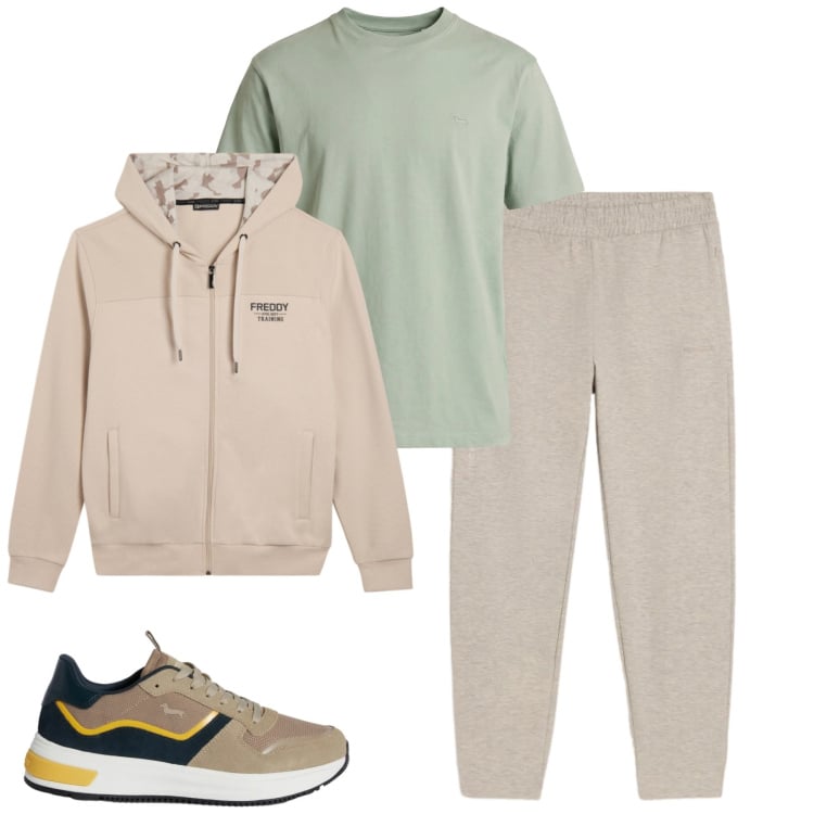 Outfit uomo - Sporty. Stile Casual per Tutti i giorni. Abbinamento con sneakers, t-shirt, pantaloni, felpe con cappuccio.