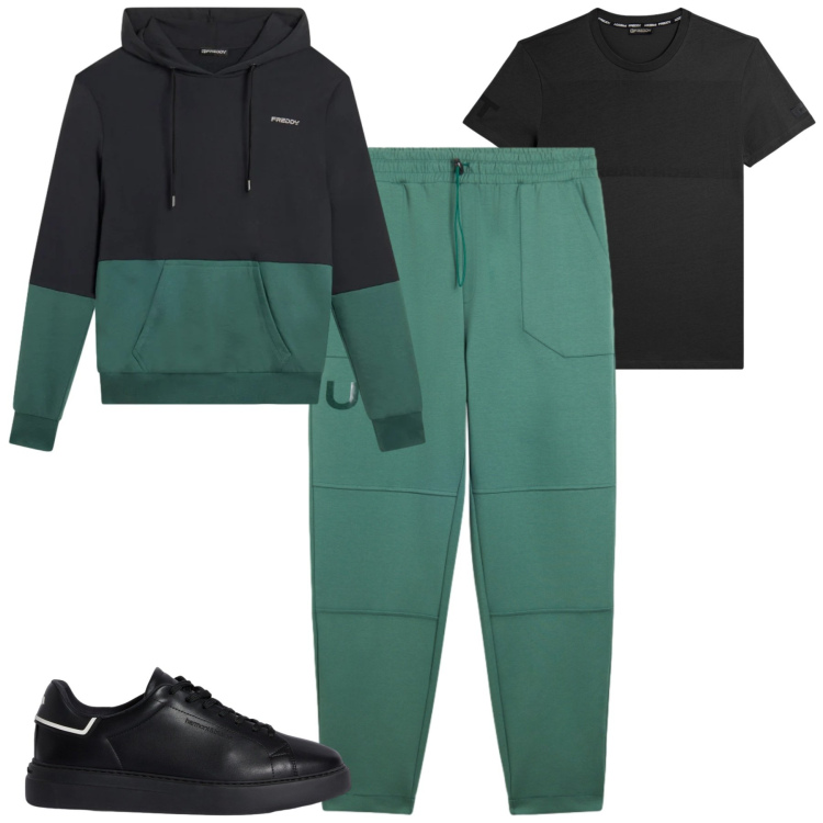 Outfit uomo - Freddy. Stile Casual per Sport. Abbinamento con sneakers, felpe con cappuccio, pantaloni, t-shirt.
