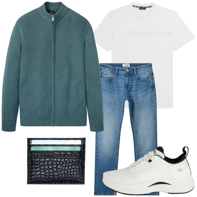 Outfit uomo - Il Cardigan. Stile Casual per Tutti i giorni. Abbinamento con cardigans, sneakers, t-shirt, jeans, portafogli.
