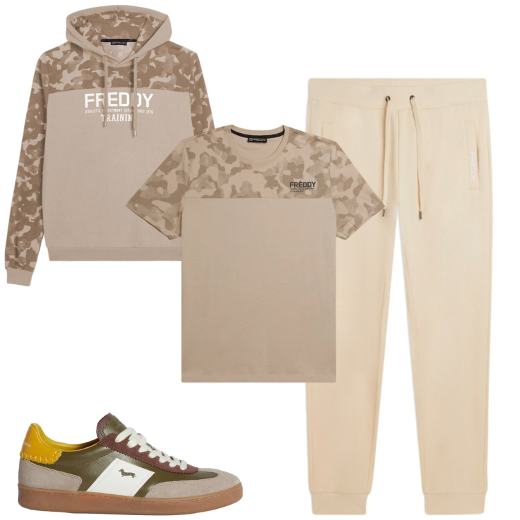 Outfit uomo - Freddy. Stile Casual per Tutti i giorni. Abbinamento con sneakers, felpe con cappuccio, t-shirt, pantaloni.