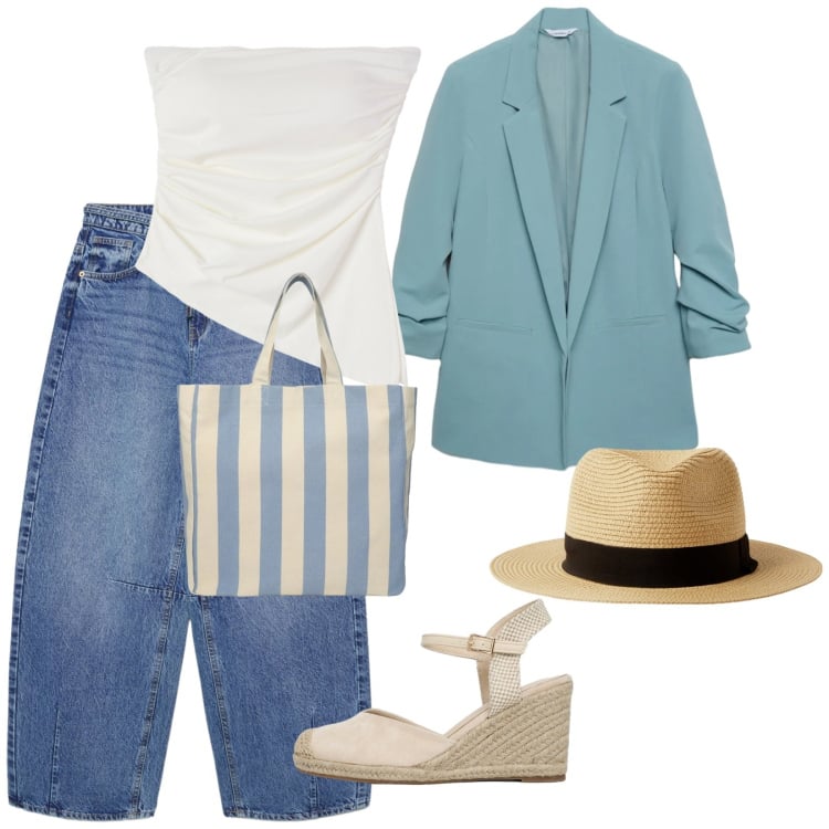 Outfit donna - Terranova festa. per Mare. Abbinamento con cappelli, jeans, blazer, shopping bag, zeppe, top.