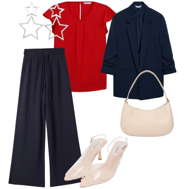 Outfit donna - Terranova eventi. per Ufficio. Abbinamento con bluse, orecchini, sandali col tacco, blazer, borse a tracolla, pantaloni.