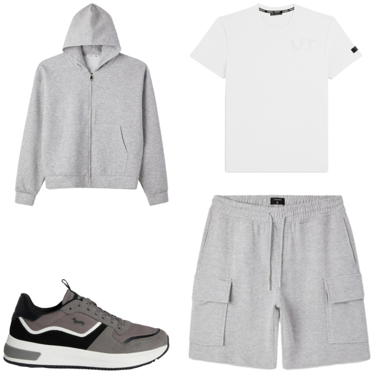 Outfit uomo - Marzo. Stile Casual per Sport. Abbinamento con sneakers, t-shirt, felpe con cappuccio, bermuda.