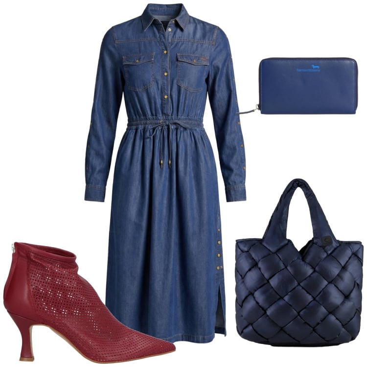 Outfit donna - Rilassata nel weekend. Stile Casual chic per Tutti i giorni. Abbinamento con stivaletti, vestiti chemisier, portafogli, borse tote.