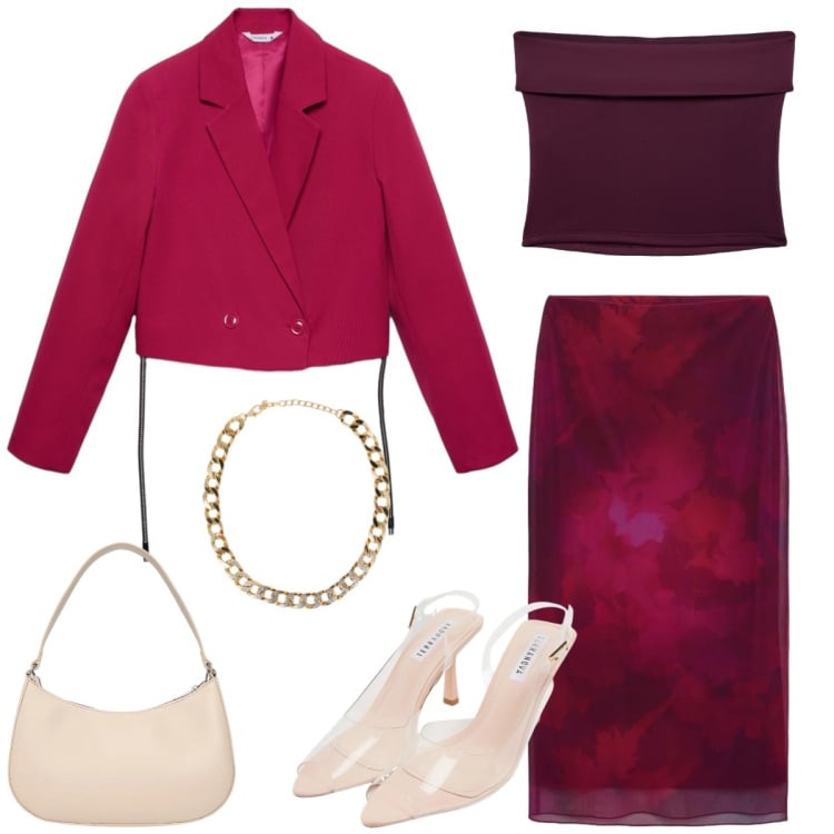 Outfit donna - Total look #2369826. Stile Chic per Serata fuori. Abbinamento con collane, sandali col tacco, blazer, top, borse a tracolla, gonne longuette.