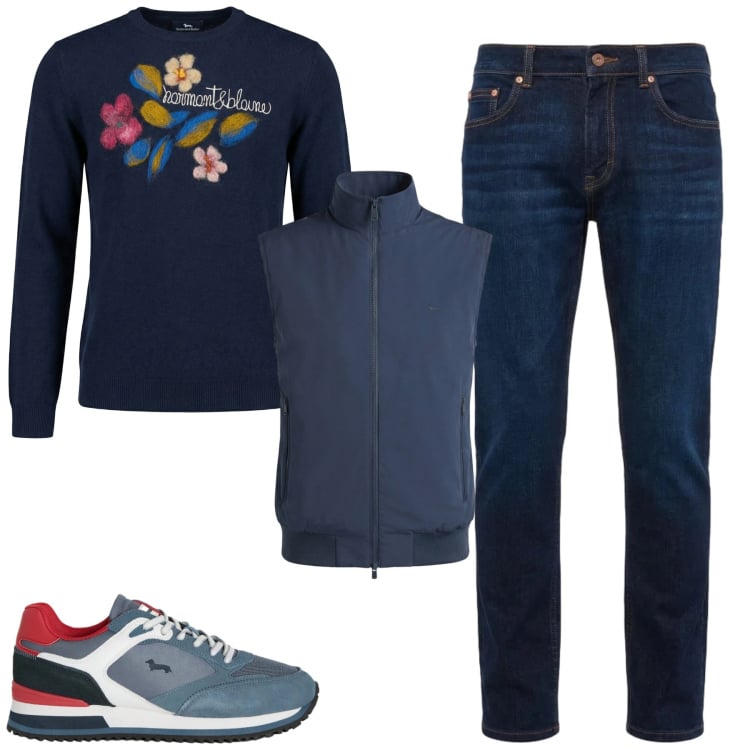 Outfit uomo - City. Stile Urban per Tutti i giorni. Abbinamento con sneakers, jeans, gilet, pullovers.