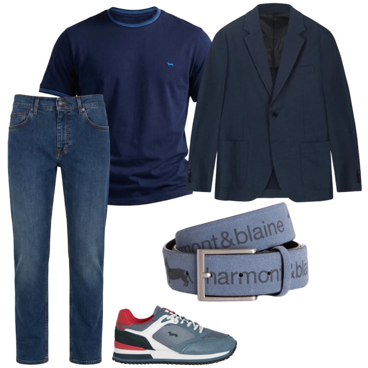 Outfit uomo - Primavera smart. per Serata speciale. Abbinamento con sneakers, jeans, cinture, t-shirt, giacche.