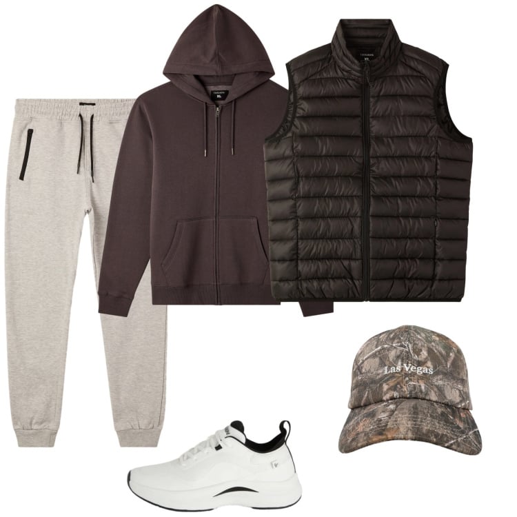 Outfit uomo - Primavera. per Tutti i giorni. Abbinamento con sneakers, felpe con cappuccio, pantaloni, piumini, cappelli con visiera.