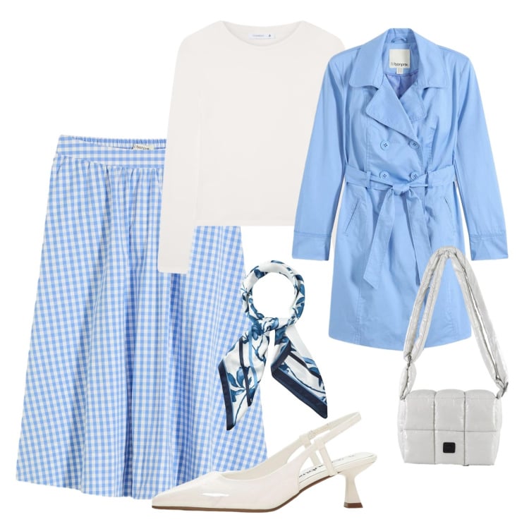 Outfit donna - Dolce primavera. Stile Chic per Tutti i giorni. Abbinamento con décolleté, gonne longuette, trench, t-shirt, foulard, borse a spalla.
