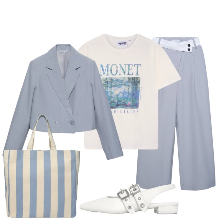 Outfit donna - Completo azzurro polvere per l’evento. Stile Glamour per Cerimonia. Abbinamento con t-shirt, blazer, ballerine, shopping bag, pantaloni.