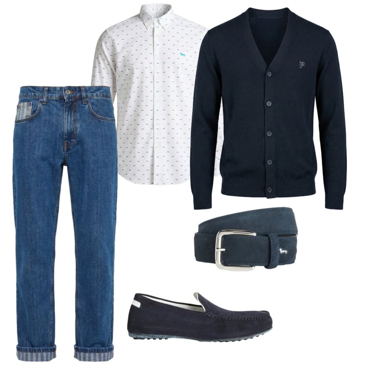 Outfit uomo - Il denim con il risvolto. per Tutti i giorni. Abbinamento con scarpe stringate, cinture, jeans, camicie, cardigans.