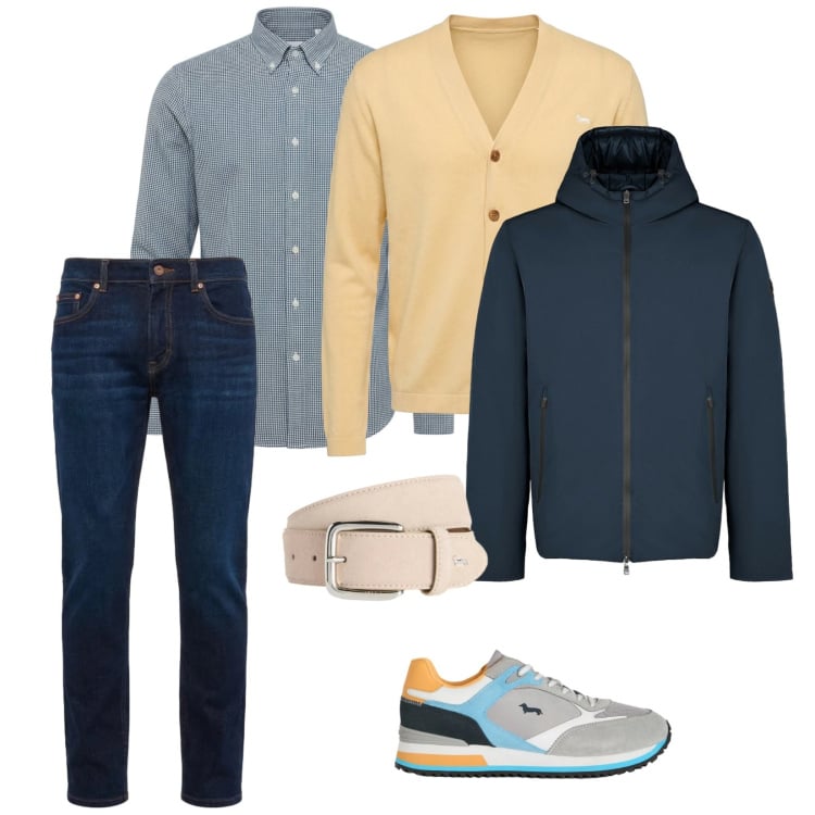 Outfit uomo - Primavera in arrivo. per Tutti i giorni. Abbinamento con sneakers, cinture, jeans, cardigans, camicie, parka.
