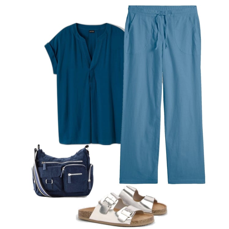 Outfit femme - Bleu. Style Casual pour Tous les jours. Assortir avec pantalon large en bas, sacs en bandoulière, tuniques, sandales.