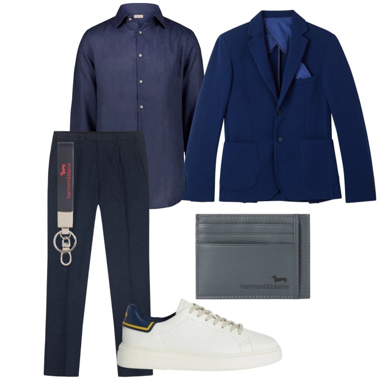 Outfit uomo - Riunione di lavoro. per Ufficio. Abbinamento con portachiavi, sneakers, portafogli, giacche, camicie, pantaloni.