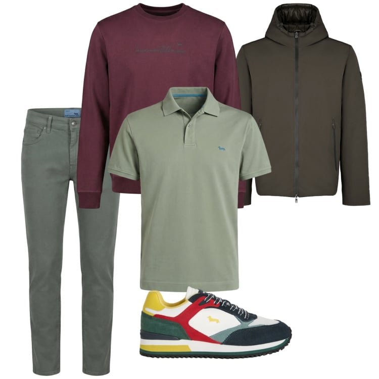 Outfit uomo - Tonalità di verde. per Tutti i giorni. Abbinamento con sneakers, polo, pantaloni, felpe, parka.