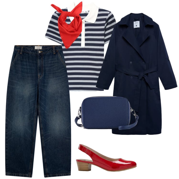 Outfit donna - Nautic outfit. per Mare. Abbinamento con décolleté, borse a tracolla, jeans, trench, polo, foulard.
