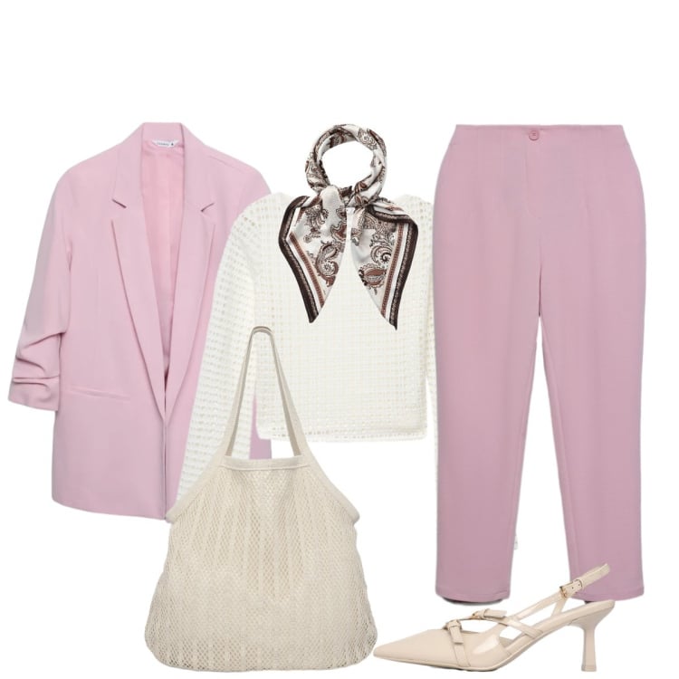 Outfit donna - Nuova collezione Terranova. Stile Chic per Cerimonia. Abbinamento con décolleté, foulard, pantaloni chino, blazer, shopping bag, maglieria.