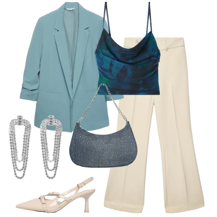 Outfit donna - Terranova glam. Stile Chic per Serata fuori. Abbinamento con orecchini, canottiere, décolleté, blazer, pantaloni, borse a tracolla.