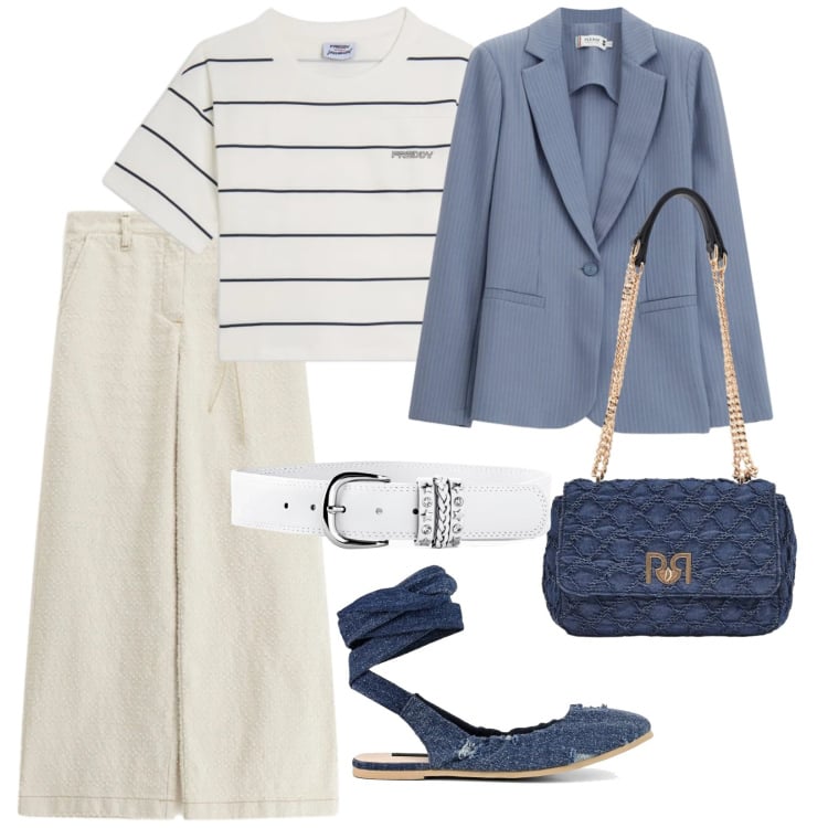 Outfit donna - Bianco e righe. per Mare. Abbinamento con cinture, blazer, pantaloni a palazzo, borse a spalla, t-shirt, ballerine.