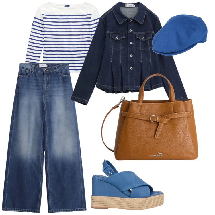 Outfit donna - Parigi. per Tutti i giorni. Abbinamento con cappelli, espadrillas, t-shirt, borse a mano, blazer, jeans.