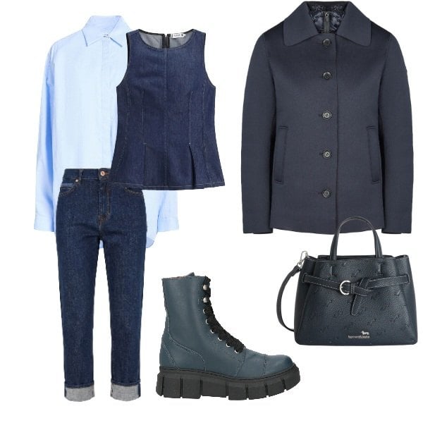 Outfit donna - passione blu. Stile Basic per Tutti i giorni. Abbinamento con stivaletti, camicie, jeans, borse a mano, top, caban.