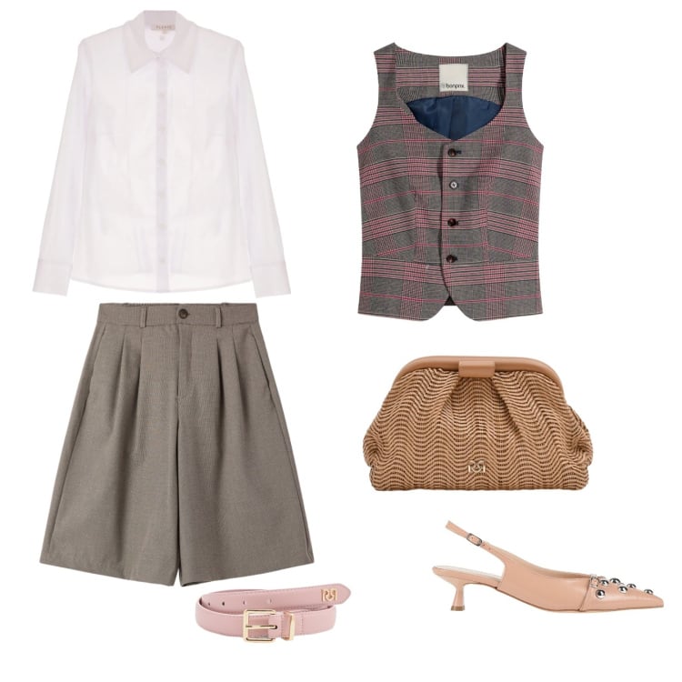 Outfit donna - Liberag. Stile Chic per Serata fuori. Abbinamento con décolleté, gilet, bermuda, camicie, pochette, cinture.
